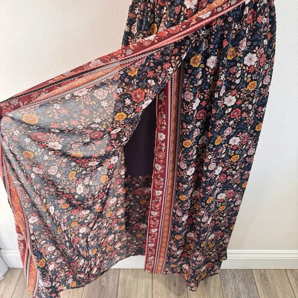 Xhilaration Shirt Dress L Maxi Faux Wrap Bohemian Floral Chiffon Short Sleeve